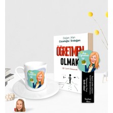 BK Gift Kişiye Özel Kadın Sınıf Öğretmeni Karikatürlü Türk Kahvesi Fincanı Ahşap Kitap Ayracı ve Öğretmen Olmak Kitabı Hediye Seti-1