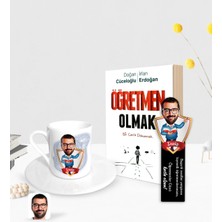 BK Gift Kişiye Özel Erkek Öğretmen Karikatürlü Türk Kahvesi Fincanı Ahşap Kitap Ayracı ve Öğretmen Olmak Kitabı Hediye Seti-2
