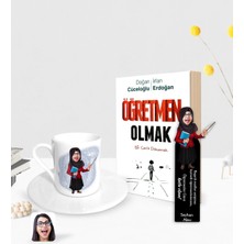 BK Gift Kişiye Özel Tesettürlü Kadın Öğretmen Karikatürlü Türk Kahvesi Fincanı Ahşap Kitap Ayracı ve Öğretmen Olmak Kitabı Hediye Seti-3