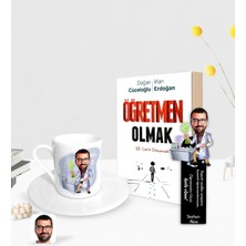 BK Gift Kişiye Özel Erkek Kimya Öğretmeni Karikatürlü Türk Kahvesi Fincanı Ahşap Kitap Ayracı ve Öğretmen Olmak Kitabı Hediye Seti-2