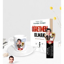 BK Gift Kişiye Özel Erkek Öğretmen Karikatürlü Türk Kahvesi Fincanı Ahşap Kitap Ayracı ve Öğretmen Olmak Kitabı Hediye Seti-1
