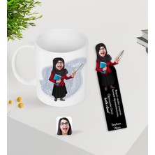 BK Gift Kişiye Özel Tesettürlü Kadın Öğretmen Karikatürlü Kupa Bardak ve Ahşap Kitap Ayracı-3