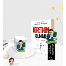 BK Gift Kişiye Özel Erkek En Iyi Öğretmen Karikatürlü Türk Kahvesi Fincanı Ahşap Kitap Ayracı ve Öğretmen Olmak Kitabı Hediye Seti-1
