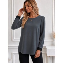 Defy Moda Kadın Uzun Kollu Bisiklet Yakalı Kol Ağzı Deri Detaylı Ithal Krep Bluz