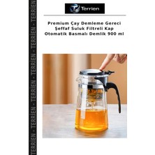Terrien Premium Çay Demleme Gereci Şeffaf Suluk Filtreli Kap Otomatik Basmalı Demlik 900 ml