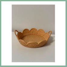 Bşk Virgo 3D Baskı Hasır Görünümlü Yuvarlak Sepet Tepsi Kulplu Ratan Desenli Dekoratif Sunum Tepsisi Bej 25*22CM BSK2026