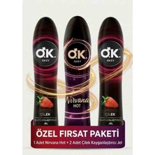 ​okey Çilek Kayganlaştırıcı Jel (2 Adet) + Okey Nirvana Hot Isıtıcı ve Afrodizyak Etkili Uyarıcı Jel (1 Adet)