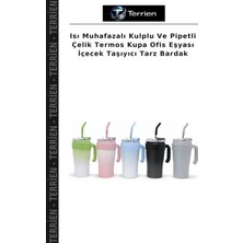 Terrien Isı Muhafazalı Kulplu ve Pipetli Çelik Termos Kupa Ofis Eşyası Içecek Taşıyıcı Tarz Bardak