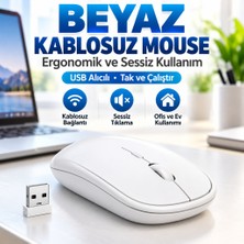 Beyaz Renkli Ergonomik Sessiz Kablosuz Mouse – USB Alıcılı, Ofis ve Oyun Için Konforlu Bilgis
