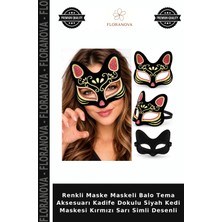 Floranova Renkli Maske Maskeli Balo Tema Aksesuarı Kadife Dokulu Siyah Kedi Maskesi Kırmızı Sarı Simli Desenli