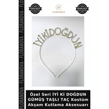 Floranova Özel Seri Iyi Ki Doğdun Gümüş Taşlı Taç Kostüm Akşam Kutlama Aksesuarı