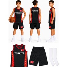 Taha spor Türkiye Armalı Siyah-Kırmızı Çocuk Basketbol Forması Çorap Hediyeli