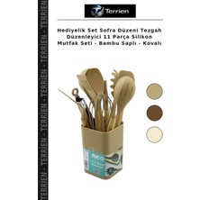 Terrien Hediyelik Set Sofra Düzeni Tezgah Düzenleyici 11 Parça Silikon Mutfak Seti - Bambu Saplı - Kovalı