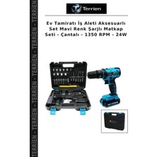Terrien Ev Tamiratı Iş Aleti Aksesuarlı Set Mavi Renk Şarjlı Matkap Seti - Çantalı - 1350 Rpm - 24W