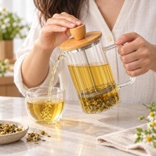Tr Bambu Kapaklı French Press, 350 ml Borosilikat Cam Kahve ve Bitki Çayı Demliği, Cam Kulplu, M