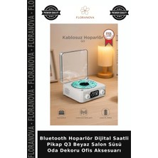 Floranova Bluetooth Hoparlör Dijital Saatli Pikap Q3 Beyaz Salon Süsü Oda Dekoru Ofis Aksesuarı
