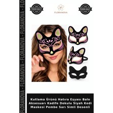Floranova Kutlama Ürünü Hatıra Eşyası Balo Aksesuarı Kadife Dokulu Siyah Kedi Maskesi Pembe Sarı Simli Desenli