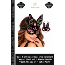 Floranova Özel Seri Süet Kaplama Işlemeli Tavşan Maskesi – Siyah Pembe Yeşil Aksesuar Maske Parti