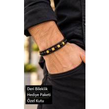 Herşey Nota Vendra Holix Siyah Deri Erkek Bileklik - Altın Ton Geometrik Boncuklu