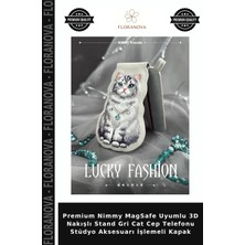 Floranova Premium Nimmy Magsafe Uyumlu 3D Nakışlı Stand Gri Cat Cep Telefonu Stüdyo Aksesuarı Işlemeli Kapak