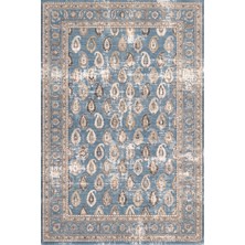 Rugzella Soluk Mavi Krem Vintage Eskitme Iran Deseni Antrasit Detaylı Yıkanabilir Halı