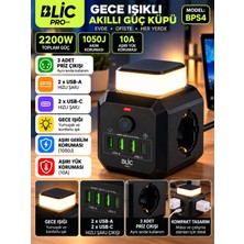 Azurtech Bps4 2200W Gece Işıklı Akıllı Güç Küpü, 3 Soketli, 2 Usb-A ve 2 Usb-C Çıkışlı Akım Korumalı Priz