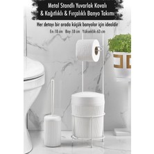 Metal Standlı Yuvarlak Kovalı & Kağıtlıklı & Fırçalıklı Beyaz Banyo Takımı