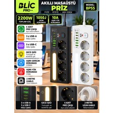 Azurtech Bps5 Akıllı Masaüstü Priz 2200W, 4 Soketli, 3 Usb-A ve 3 Usb-C Çıkışlı, Gece Işıklı Akım Korumalı Priz