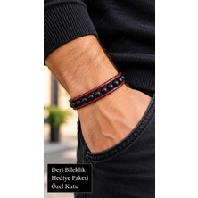 Herşey Nota Ovelar Cyrentha Bordo Siyah Deri Erkek Bileklik - Boncuklu Katmanlı