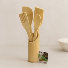 Ahşap Bambu Mutfak Servis Seti 5 Parça (Kaşık, Çatal, 2 Spatula, Stand) 27.5/30 cm