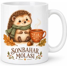 Sonbahar Molası Kirpi Tasarımlı Porselen Kupa - Yaprak ve Kahve Temalı - Model 258