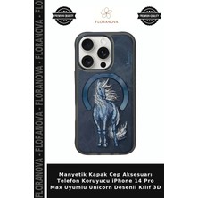 Floranova Manyetik Kapak Cep Aksesuarı Telefon Koruyucu iPhone 14 Pro Max Uyumlu Unicorn Desenli Kılıf 3D