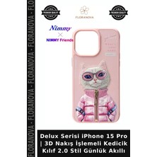 Floranova Delux Serisi iPhone 15 Pro | 3D Nakış Işlemeli Kedicik Kılıf 2.0 Stil Günlük Akıllı