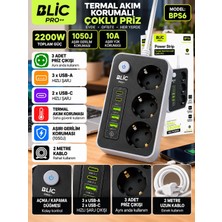 Azurtech Bps6 2200W Termal Akım Korumalı 3 Soketli Çoklu Priz, 3 Usb-A ve 2 Usb-C Çıkışlı