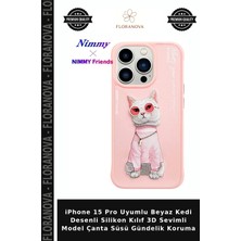 Floranova iPhone 15 Pro Uyumlu Beyaz Kedi Desenli Silikon Kılıf 3D Sevimli Model Çanta Süsü Gündelik Koruma