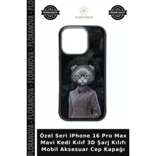 Floranova Özel Seri iPhone 16 Pro Max Mavi Kedi Kılıf 3D Şarj Kılıfı Mobil Aksesuar Cep Kapağı