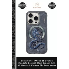 Floranova Delux Serisi iPhone 15 Uyumlu Magsafe Destekli Mavi Dragon Kılıf 3D Manyetik Koruma Çin Tarzı Kapak