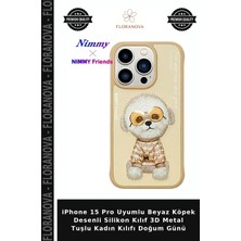Floranova iPhone 15 Pro Uyumlu Beyaz Köpek Desenli Silikon Kılıf 3D Metal Tuşlu Kadın Kılıfı Doğum Günü