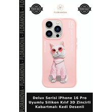 Floranova Delux Serisi iPhone 16 Pro Uyumlu Silikon Kılıf 3D Zincirli Kabartmalı Kedi Desenli