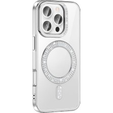 Str Store Apple Için Uyumlu iPhone 16 Pro Kılıf Pırlanta Taş Tasarımlı M-Safe Şarj Özellikli Karetta Silikon Kapak Gümüş