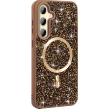 Str Store Galaxy ile Uyumlu S24 Fe Kılıf Pırlanta Tasarımlı M-Safe Şarj Özellikli Mozaik Silikon Kapak Desert Titanyum