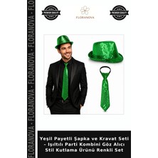 Floranova Yeşil Payetli Şapka ve Kravat Seti – Işıltılı Parti Kombini Göz Alıcı Stil Kutlama Ürünü Renkli Set