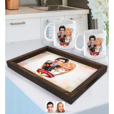BK Gift Kişiye Özel Isimli Sevgililer Karikatürlü Doğal Ahşap Tepsi ve 2’li Kupa Bardak Seti-15