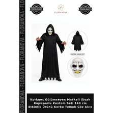 Floranova Korkunç Gülümseyen Maskeli Siyah Kapüşonlu Kostüm Seti 140 cm Etkinlik Ürünü Korku Temalı Göz Alıcı