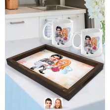 BK Gift Kişiye Özel Evleniyoruz Karikatürlü Doğal Ahşap Tepsi ve 2’li Kupa Bardak Seti-7