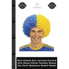 Floranova Özel Üretim Sarı Lacivert Kıvırcık Afro Bonus Peruk Taraftar Bonus Saç Parti Aksesuarı Renkli Model