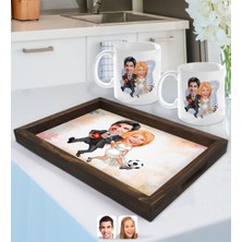 BK Gift Kişiye Özel Sevgililer Karikatürlü Doğal Ahşap Tepsi ve 2’li Kupa Bardak Seti-15