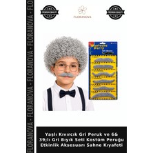 Floranova Yaşlı Kıvırcık Gri Peruk ve 6& 39;lı Gri Bıyık Seti Kostüm Peruğu Etkinlik Aksesuarı Sahne Kıyafeti