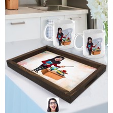 BK Gift Kişiye Özel Kadın Tesettürlü Öğretmen Karikatürlü Doğal Ahşap Tepsi ve 2’li Kupa Bardak Seti-1