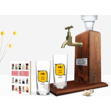 BK Gift Kişiye Özel Renkli Baskılı Mey Biter Saki Kalır Tasarımlı Ikili Rakı Bardağı Ahşap Rakı Standı ve Cep Kitabı Hediye Seti-1